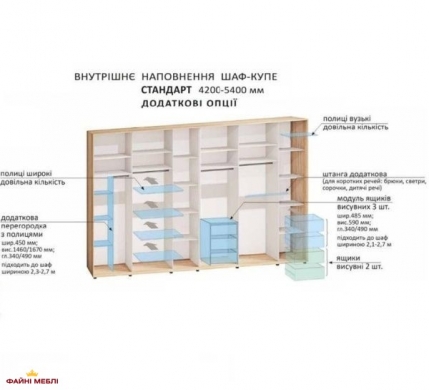 Шафа-купе 5,0м шестидверна з дзеркалом худмат 0