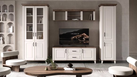 Модульна вітальня Канді Білий альпійський / Дуб стірлінг / Білий матовий