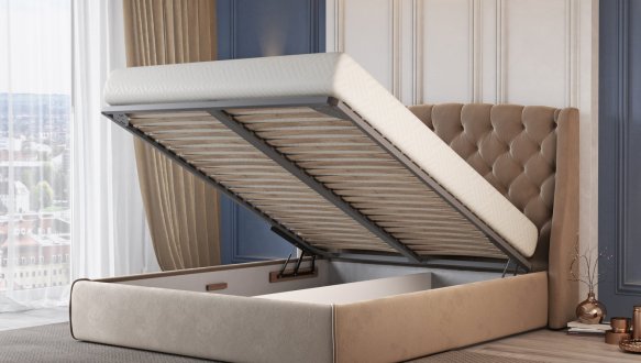 Ліжко м'яке двоспальне Лев Прага з підйомним механізмом та нішею для білизни 4