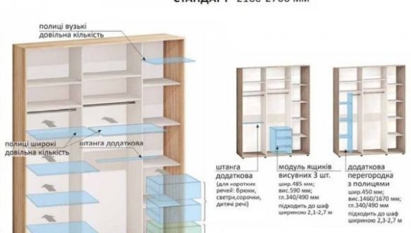 Шафа-купе з дзеркалом з 4 частин Комфорт меблі бетон 3 дверна 270 см 1