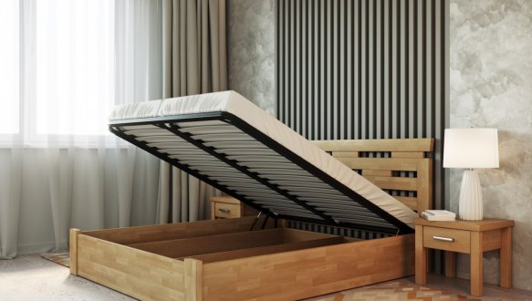 Кровать деревянная Лев Зевс с подьемным механизмом и нишей для белья массив Бук 1