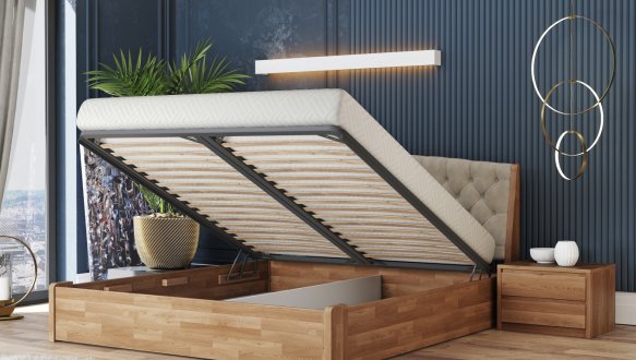 Ліжко дерев'яне з м'якою вставкою Лев Токіо Нове з підйомним механізмом та нішею для білизни масив Бук 0