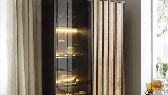 Вітрина висока Сенто / Sento WTSZ104 з підсвіткою Чорний/дуб вотан Perfect Home ширина 103 см.