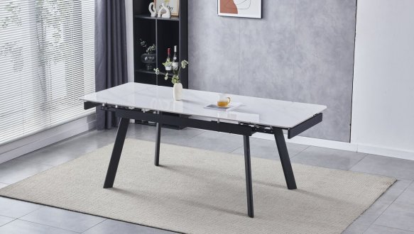 Стол OSLO CERAMIC Интарсио белый глянец/черный каркас Раскладной 120/180 см