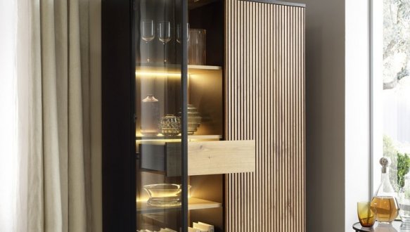 Вітрина висока Сенто / Sento WTSZ104 з підсвіткою Чорний/дуб вотан Perfect Home ширина 103 см. 5