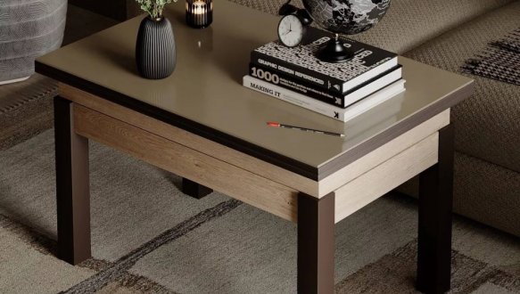 Стол-трансформер B-Fly Glass Art In Head Дуб экспрессив песочный/Венге ноги/Бежевое стекло 6