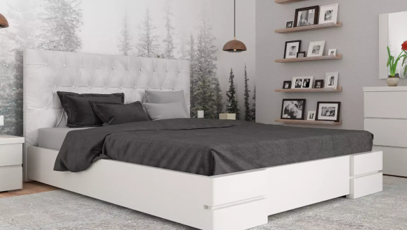 Ліжко дерев'яне Камелія ромб з підйомним механізмом та нішею для білизни Білий Сосна / Бук