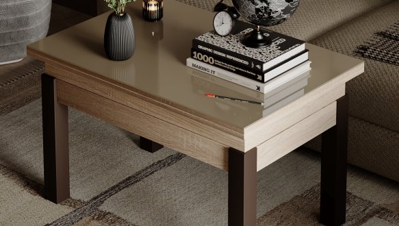 Стол-трансформер B-Fly Glass Дуб сонома/Венге ноги/Бежевое стекло