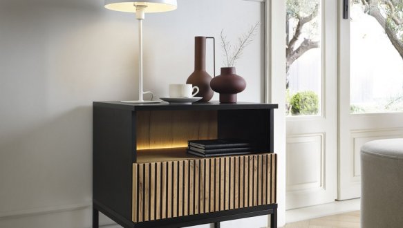 Тумба прикроватная с подсветкой Сенто/Sento S54 чёрный / дуб вотан Perfect Home ширина 53 см.