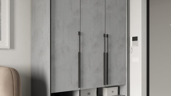 Шкаф Морели R-0006 Рамо 3 дверный бетон тефра со штангой и полками 150 см