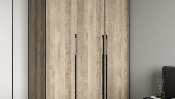 Шкаф Морели R-0016 Рамо 3 дверный дуб гранж песочный со штангой и полками 150см