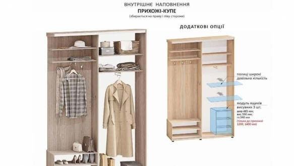 Передпокій-купе 1,2м ДСП з 4-х частин однодверний 2