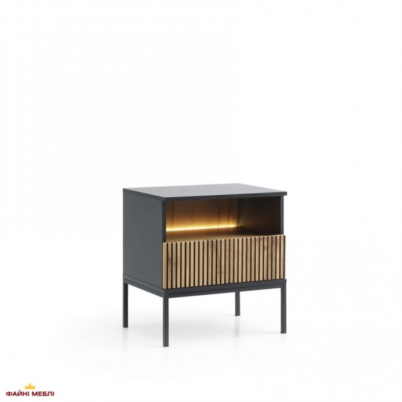 Тумба прикроватная с подсветкой Сенто/Sento S54 чёрный / дуб вотан Perfect Home Ш53хВ56хГ39 см. 3